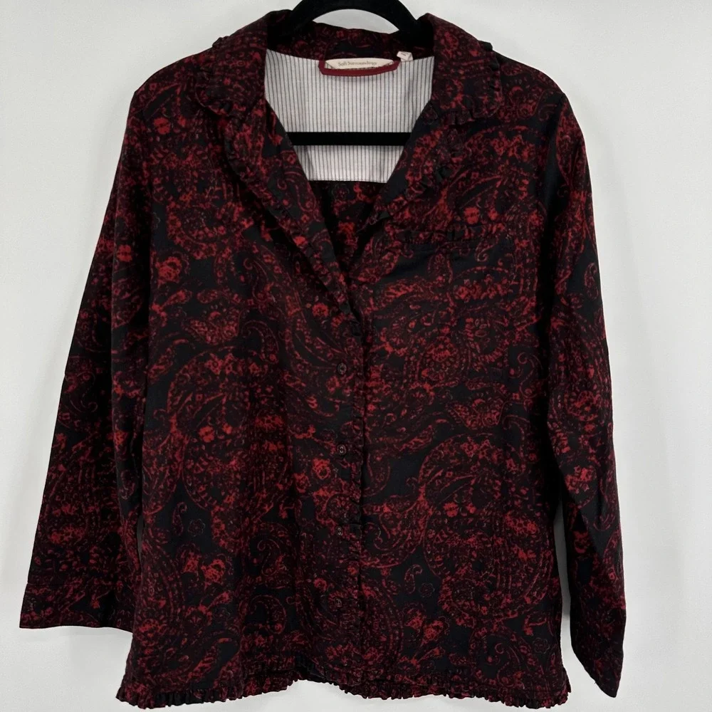 Soft Surroundings Shirt Womens Medium Black Red‎ Paisley Button 2ED79